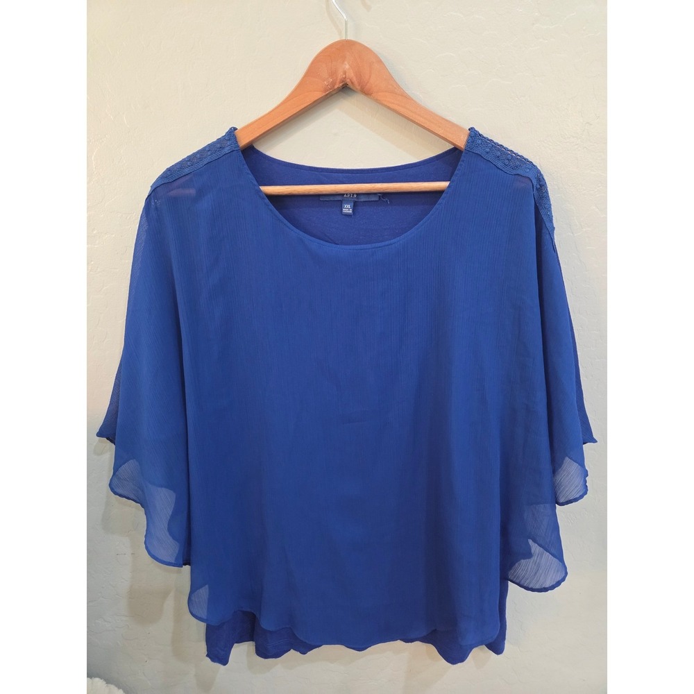 Apt. 9 Royal Blue Chiffon Cape Sleeve Blouse Crochet Lace Trim XXL - Picture 1 of 4